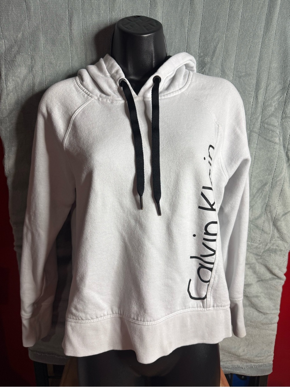 Calvin Klein White Hoodie with Black Drawcords and Side Logo